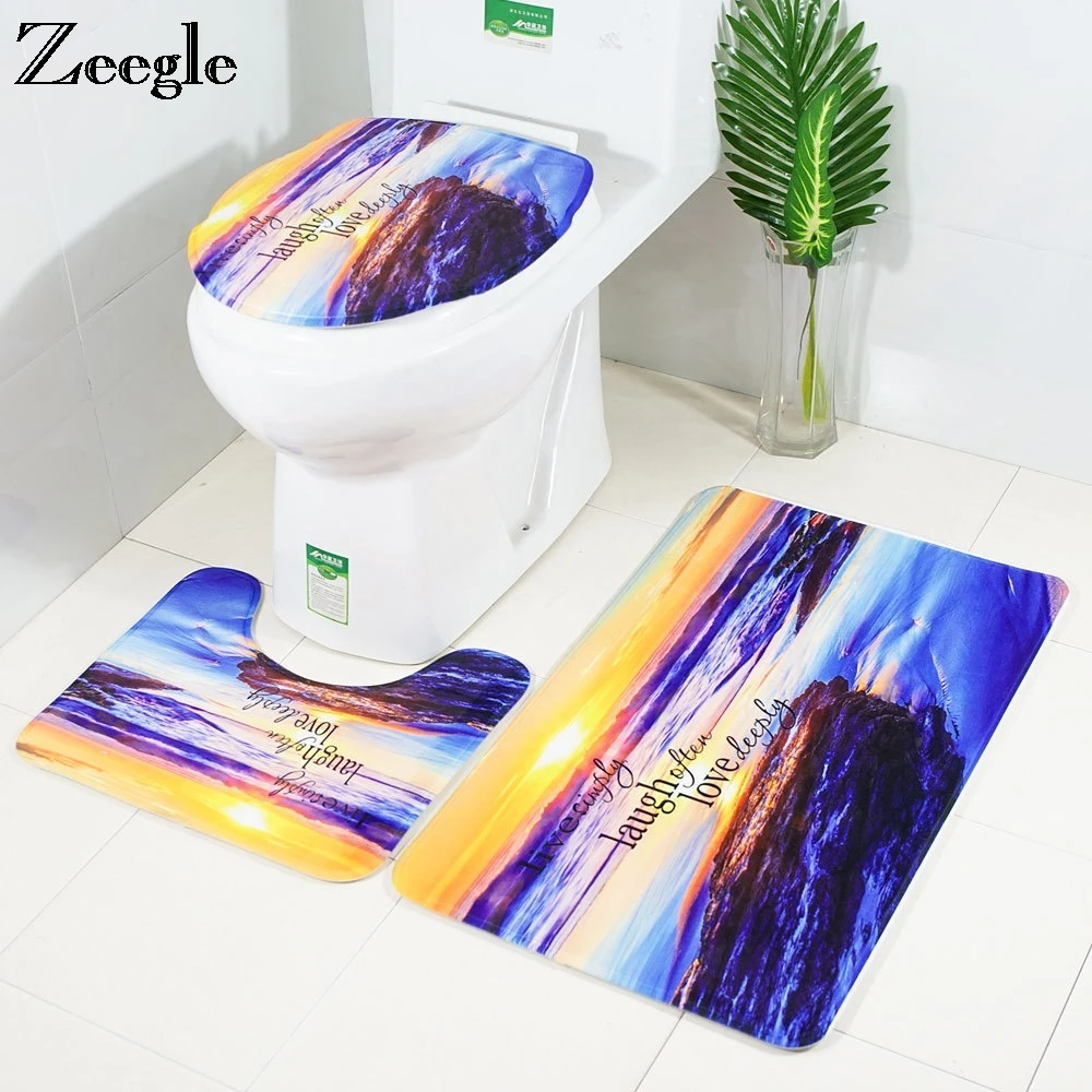 Zeegle Beach Printed Bathroom Mat Set Flannel Floor Bath Mats Washable Bathroom Toilet Rugs Pad Anti-slip Bathroom Carpet