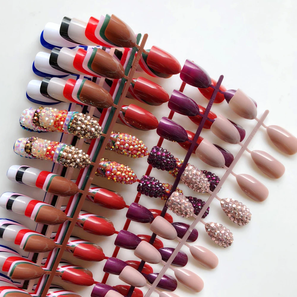 

White skin Custom Full Rhinestones Sequins Stiletto Press Fake nails On Artificial False Nails Art Decoration 14Colors