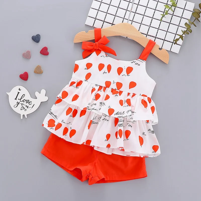 

Summer Children Baby Girls Casual Clothes Sleeveless Strap Tops Floral Print T-shirt+Shorts Suits Costume Set Fashion 11