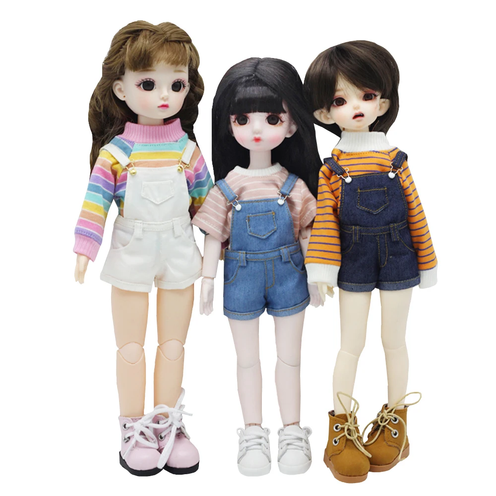 30cm 1/6 BJD Fashion Doll Denim overalls pants For SD YOSD doll clothes and sleeve T-shirt set doll accessories doll clothes