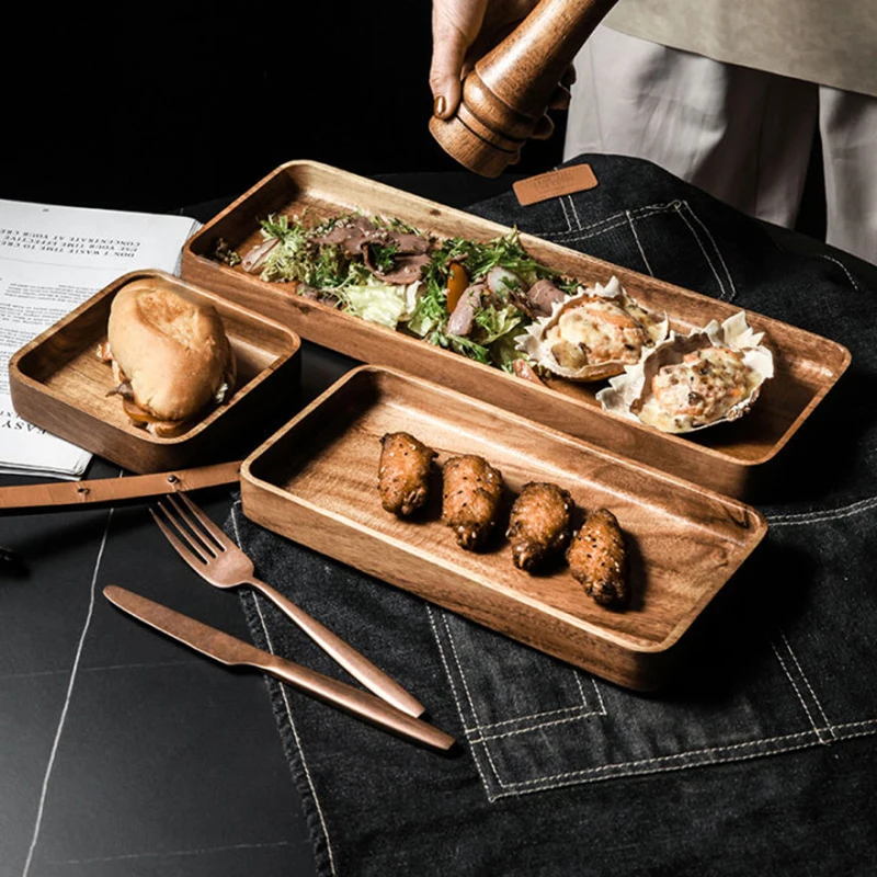 Acacia Wood Serving Tray Saucer Tea Tray Dessert Dinner Plate Tableware Set Japanese Snacks Food Rectangular Plate Storage Dish