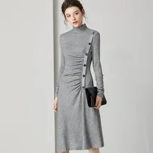 Серое платье-свитер с высоким воротником и длинным рукавом, Элегантное трикотажное платье миди, женские шерстяные платья для женщин, зимняя одежда Ким Кардашьян