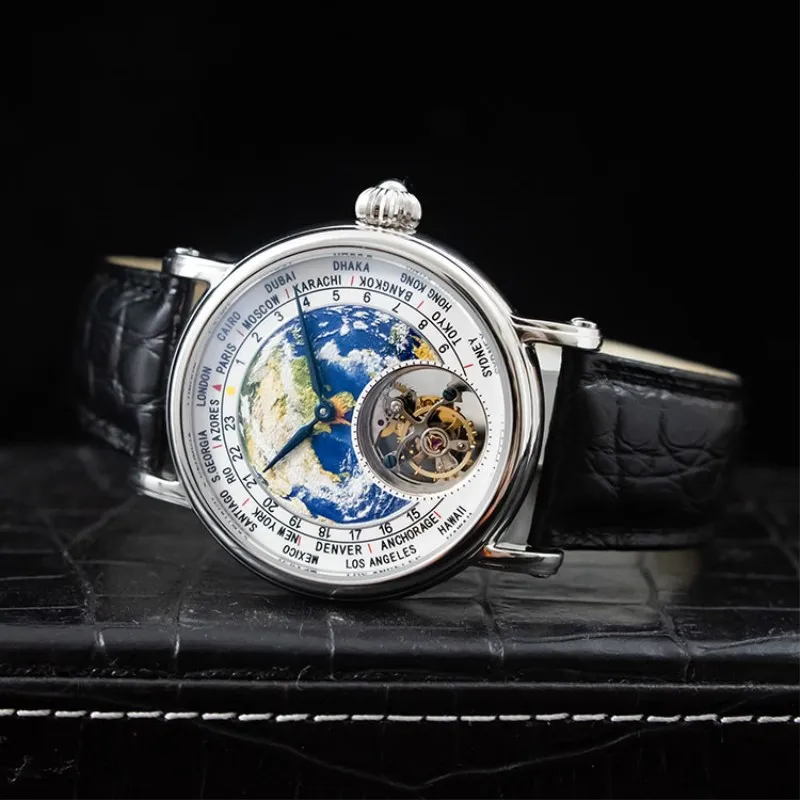 Top Brand Luxury Men Tourbillon Watches Male Sapphire Clock 3D Earth Enamel Dial ST8000 Mens Mechanical Watch Crocodile Leather