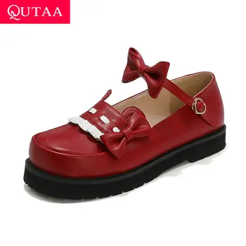 

QUTAA 2020 Butterfly-Knot Round Toe Square Low Heel Women Single Shoes Platform PU Leather Buckle Sweet Ladies Pumps Size 34-43