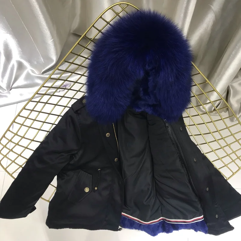 black sapphire fur Одежда для маленьких девочек зимняя куртка Настоящий мех кролика парка для девочек, зимние пальто с лисьим мехом, с капюшоном, отделка, одежда для маленьких мальчиков - Цвет: black sapphire fur