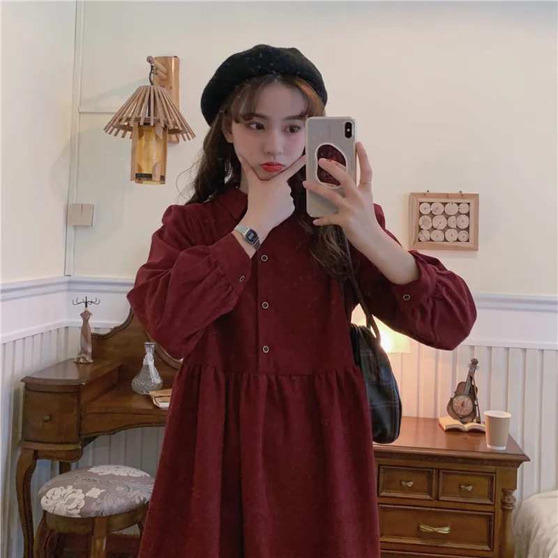 Dress Women Harajuku Solid Elegant Long Sleeve High Waist Corduroy A-Line Vestidos Fall New Fashion Trendy Casual Korean Stylish sexy dress