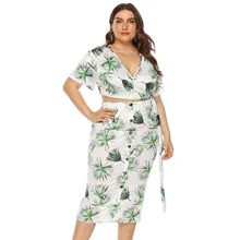 Платье большого размера с принтом в виде листьев, Бандажное платье с пуговицами, короткий рукав, глубокий v-образный вырез, юбка-пупок, комплект из двух предметов для женщин 14000