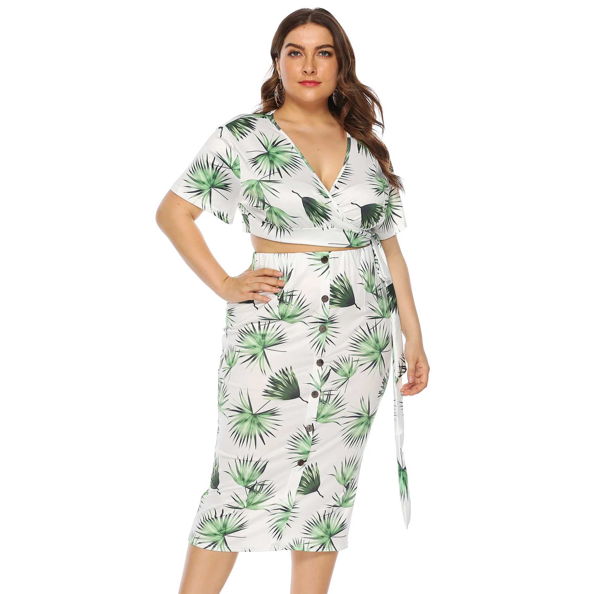

Large Size Dress Leaf Printed Bandage Cloth Button Short Sleeve Deep-V Navel Skirt Two-Piece Set Women's 14000