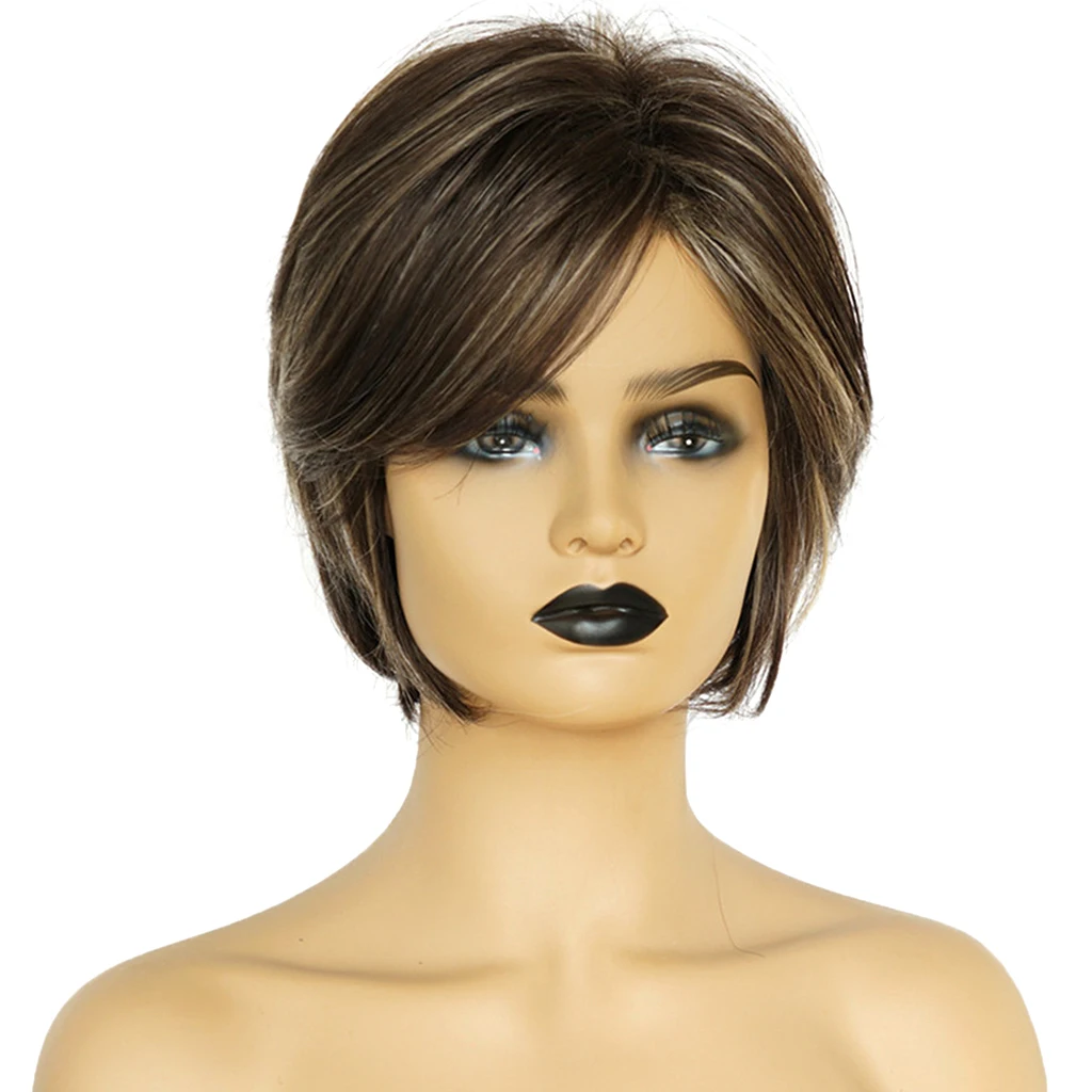 Chic Short Straight Pixie Cut Full Hair Wig Natural Human Hair Wigs w/ Bangs For Fashion Women Cosplay Costume Wig