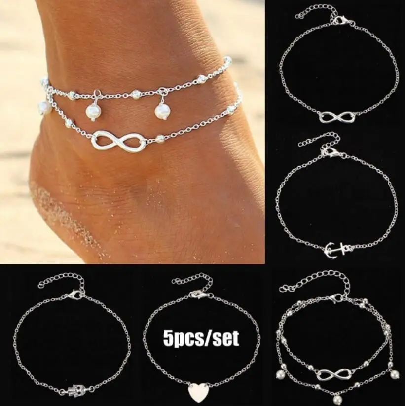 5pcs/set Bohemia Silver Foot Beach Anklets Heart Palm Anchor Infinity Anklet Bracelet Luxury Foot Chain Women's Jewelry 5pcs/set Bohemia Silver Foot Beach Anklets Heart Palm Anchor Infinity Anklet Bracelet Luxury Foot Chain Women's Jewelry