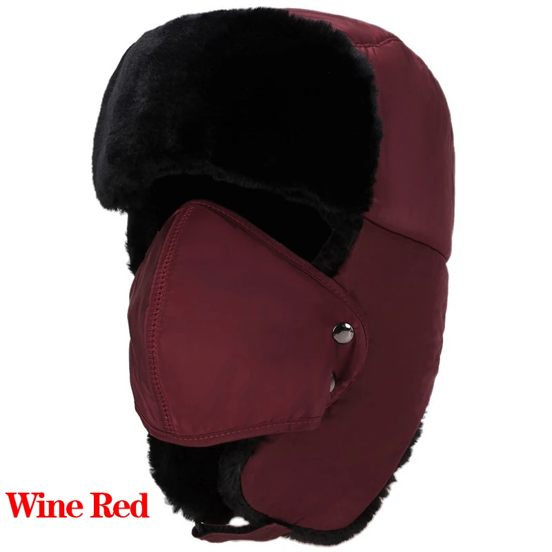 Зимняя Лыжная шапка-бомбер, головные уборы для мужчин и женщин, утолщенные хлопковые меховые зимние теплые шапки с ушками, русская маска с черепом, шапки-бомберы - Цвет: Wine Red