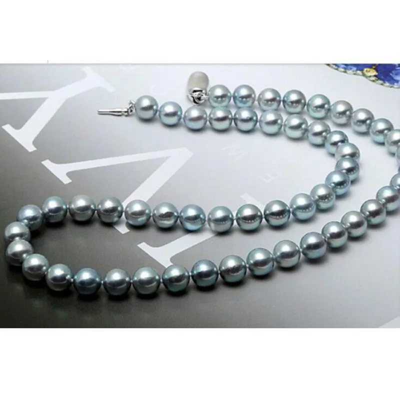Потрясающее AAA9-10mm круглое серебряное серое жемчужное ожерелье с южным морем jj