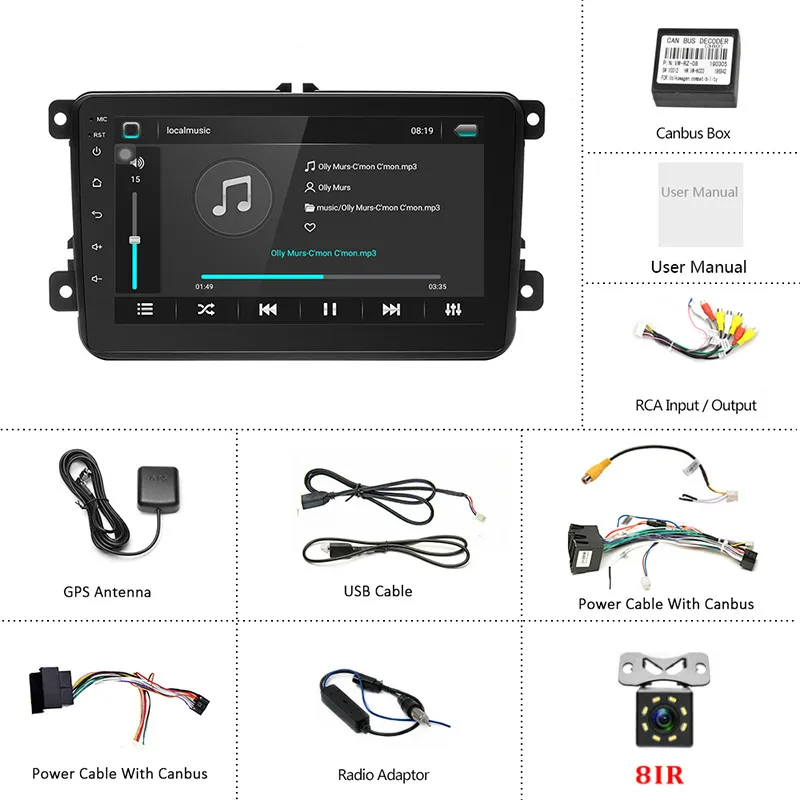 With 8 IR Camera Podofo Android 8,1 автомобильный мультимедийный плеер 2 Din 8 ''сенсорный экран GPS автомобильный радиоприёмник аудио Bluetooth Wifi Автомобильный MP5 плеер для Vw радио - Цвет: With 8 IR Camera