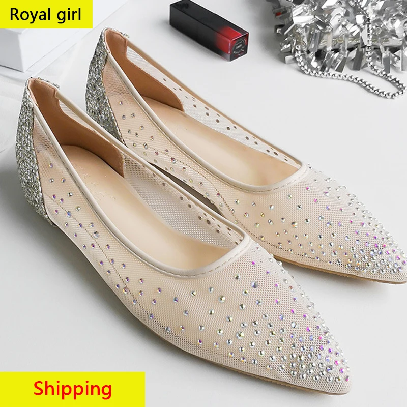 Ins/Новинка сезон весна лето дышащая сетчатая обувь на плоской подошве со стразами