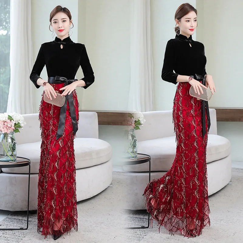 

High-End Glorious Evening Gown Women's 2019 New Style Banquet Host Sequin Long Elegant Elegant Debutante Fishtail Skirt