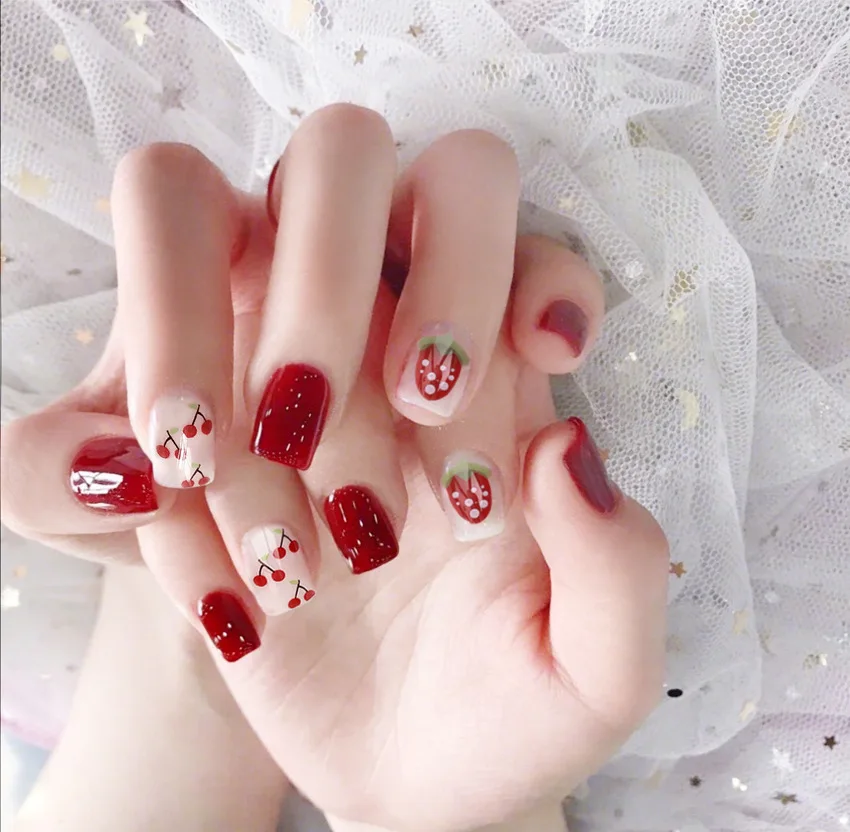 

24Pcs Hot Sale Nail Art Artificial Acrylic Fake Nails Manicure Strawberry Cherry DIY Cute Red False Nail Tips with Glue