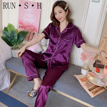 

Silk Pajamas Outfit Short Sleeve Girl Silk Spring and Summer Trousers Lapel Suitable for Sleep Tracksuit High Quality Nightdress