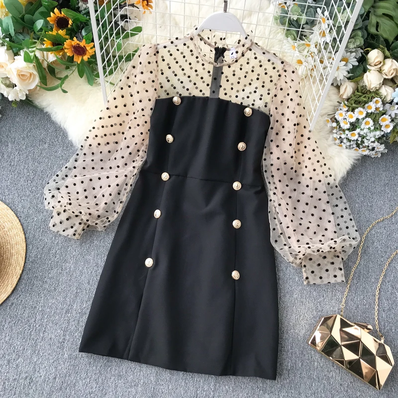 

Autumn 2020 New Dot Gauze Long Puff Sleeve Loose Slim Retro A-line Dress Women Round Neck High Waist Elegant Vestidos