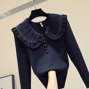 

Elegant Ruffles sweater women long sleeve slim Pullover knitted sweaters 2019 autumn and winter fashion basic tops