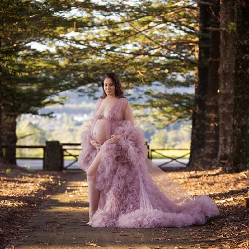 2020 Bridal Pink Tulle Maternity Robes Sheer See Through Fluffy Tulle Maternity Dress Long Sleeve Women Tulle Dressing Gown