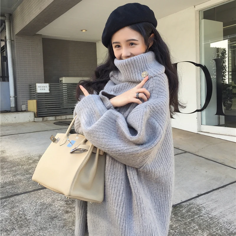 Turtleneck Sweater Dress 2022 Women Lazy Wind Winter Autumn Loose Solid Pullovers Female Dresses | Женская одежда