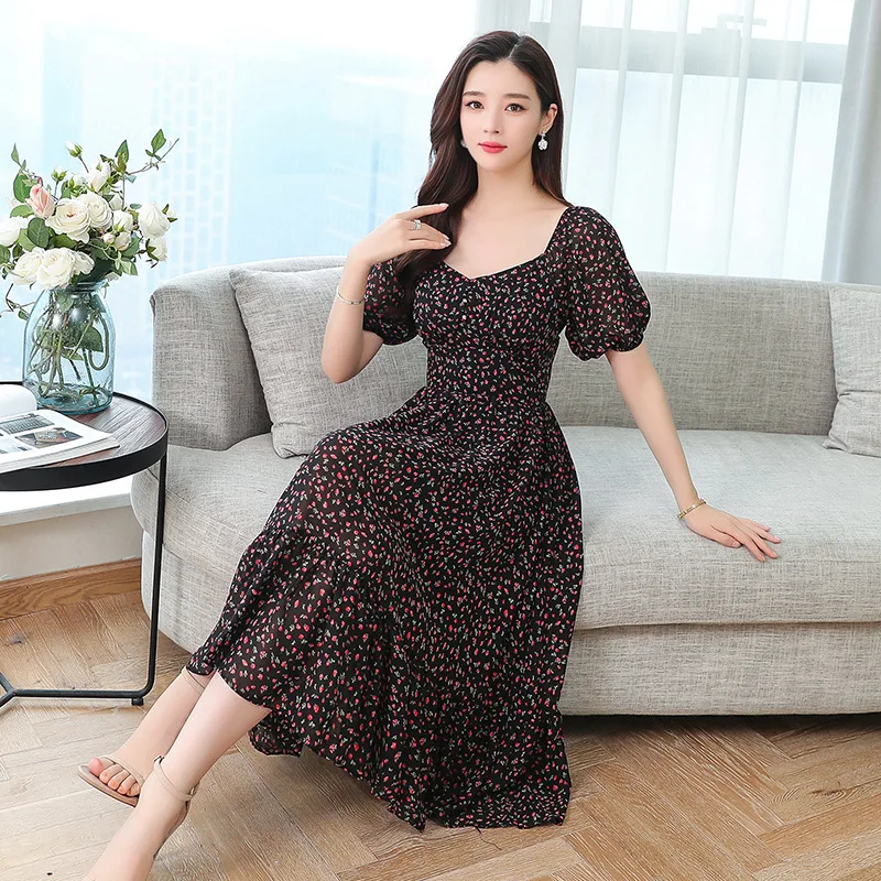 

2019 Exclusive Summer New Style Holiday Floral-Print Strawberry Dress Retro Waist Hugging Elegant Short-sleeved Long Dress