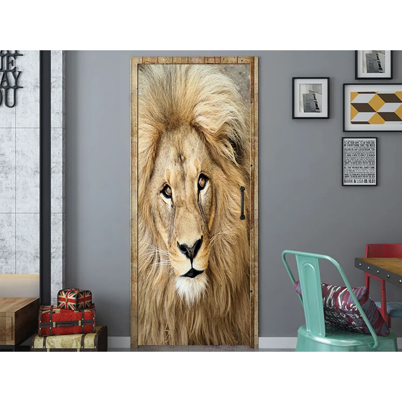 Animal Lion Poster 3D Prints Waterproof Entire Door Sticker Creative Stickers Door Wall Sticker DIY Mural Bedroom Home Decor