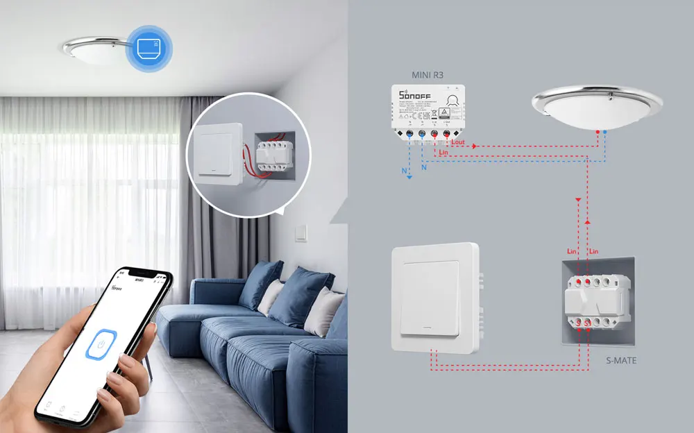 smart wall switch SONOFF MINI R3 16A Wifi Bluetooth Smart Switch with S-MATE Switch Mate No Neutral Wire Remote Control Work for Alexa Google home electric switch cap