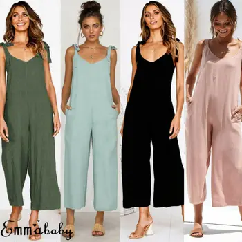 

Womens Holiday Sleeveless Strap Overalls Playsuit Jumpsuit Romper Summer Beach Wide Leg Pants