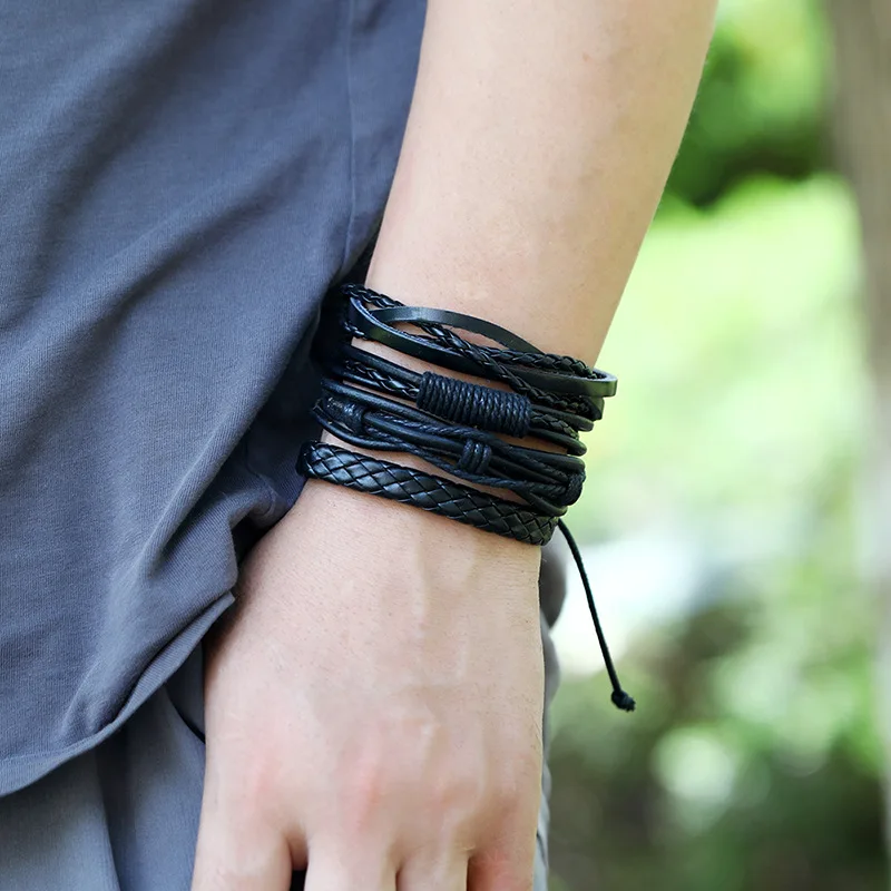 Set of 10 Unisex Handmade Braided Black Leather Bracelets - Minimalist Style