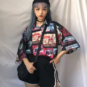

Fashion Loose Short Sleeve Turn-down Collar Casual Women Shirt Hip Hop Streetwear Blouses Print Polyester Ages 18-35 Years Old