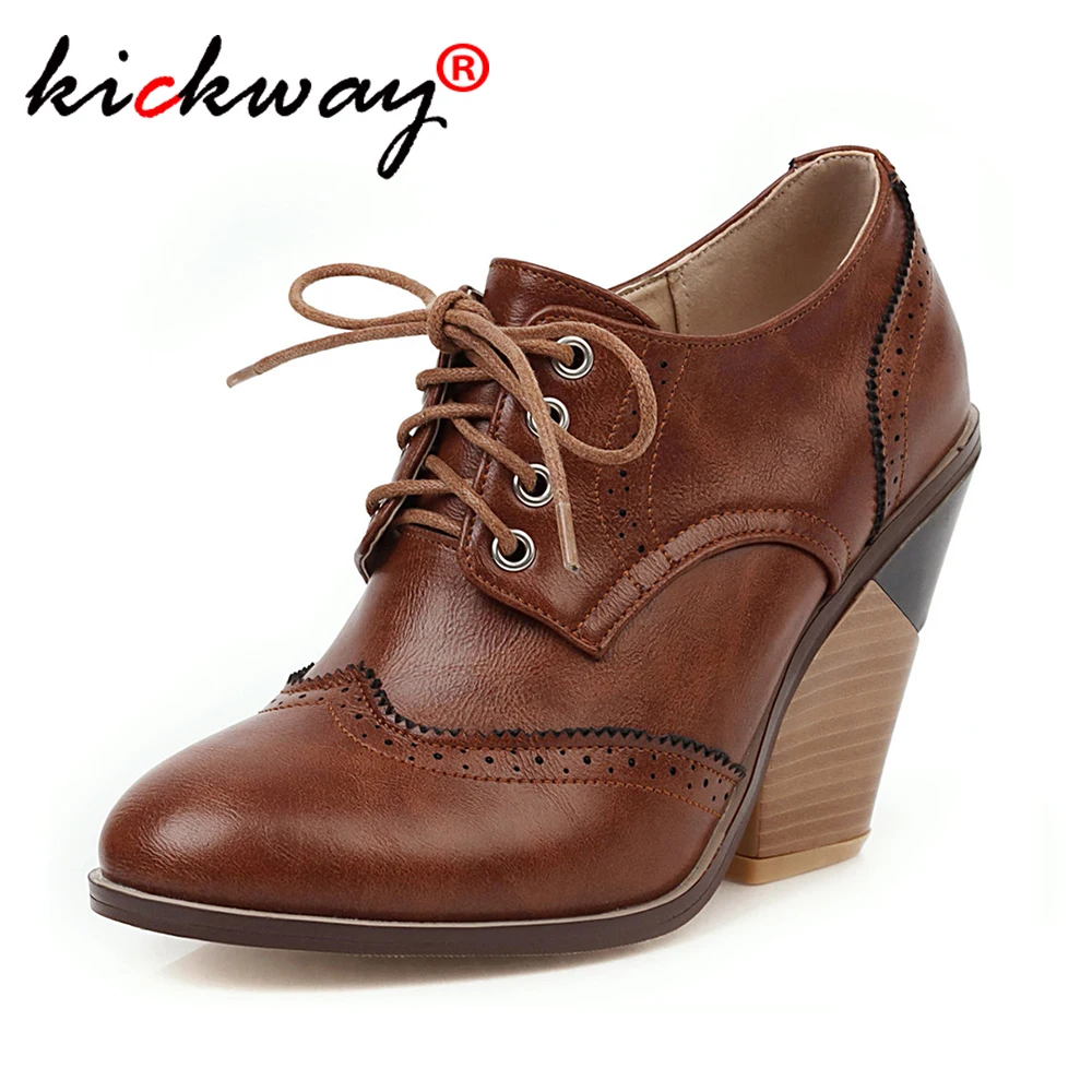 

Large Size Women Oxfords British 2020 Spring Autumn Round Toe Wedge High Heels Brogue Shoes Lace Up Wing Tip Fretwork Shoes 47