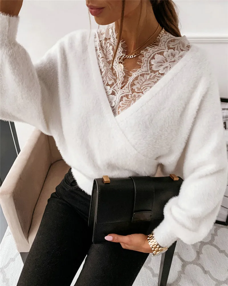 

Women Plush T Shirt Casual Deep V Neck Lace Trim Wrap Front Tee Top Autumn Sexy Long Sleeve Loose Fit Shirt Clothing For Women