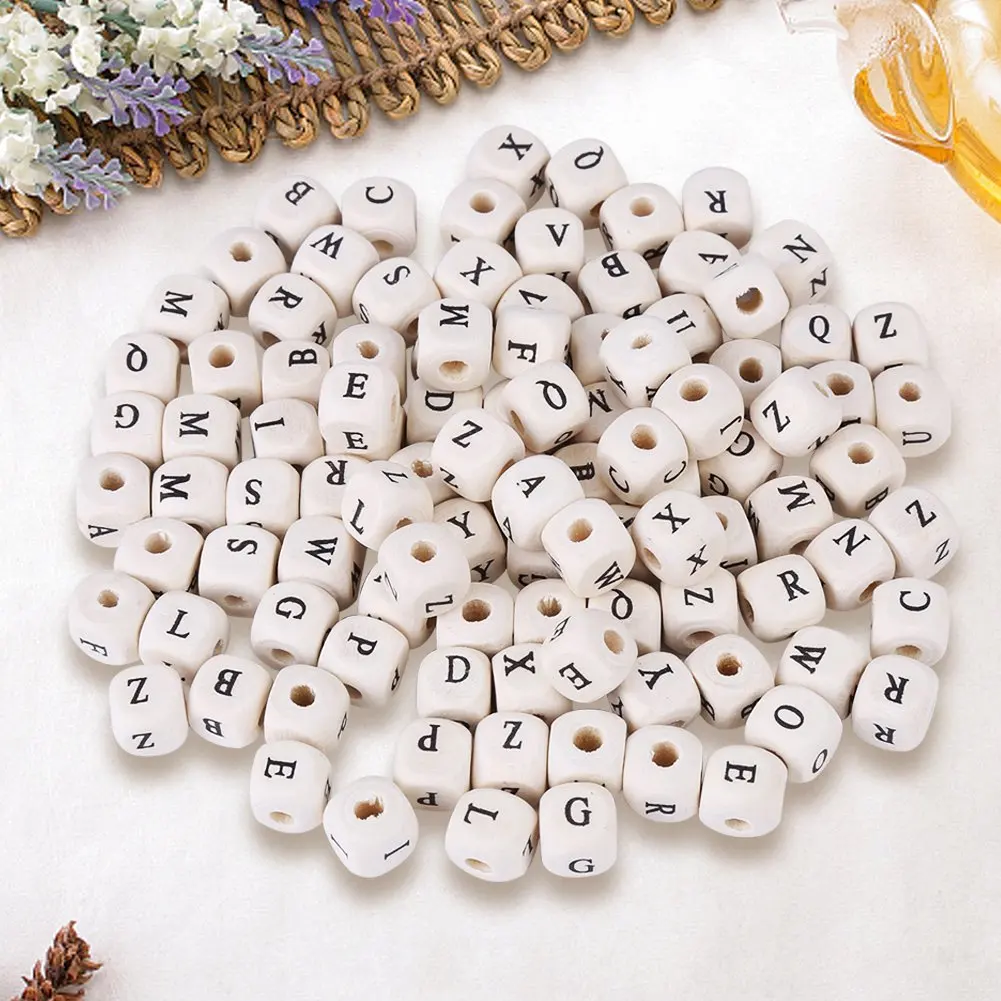 100pcs/Lot 10mm Mixed Color A-Z Alphabet Letter Cube Wood Beads Beige Square Wooded Spacer Loose Beads For DIY Craft Jewelry