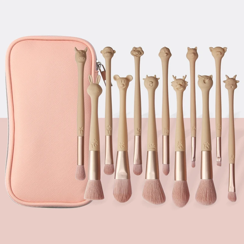Chinese Zodiac 12Pcs Pink Makeup Brushes Make Up Brush Women Blush Powder Foundation Beauty Tool
