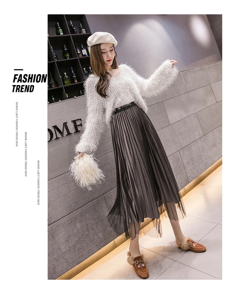 Korean Vintage Winter Tulle Skirts Elastic Waist Patchwork Pleuche Gauze Long Pleated Tulle Skirts Women Midi Tulle Skirt