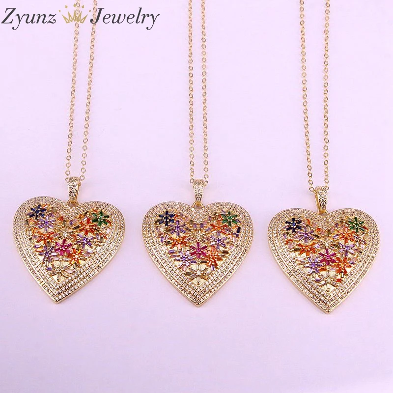 

5PCS, Rainbow Colorful CZ Charm Micro pave Heart necklace Cubic Zirconia Pendant Gold Color Statement Necklace