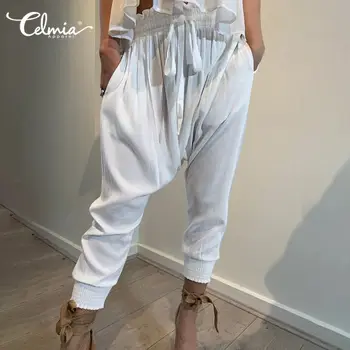 

Celmia Plus Size S-5XL Women Vintage Trousers Drop Crotch Harem Pants Casual Loose Palazzo Fashion Pleated Elastic Waist Pants
