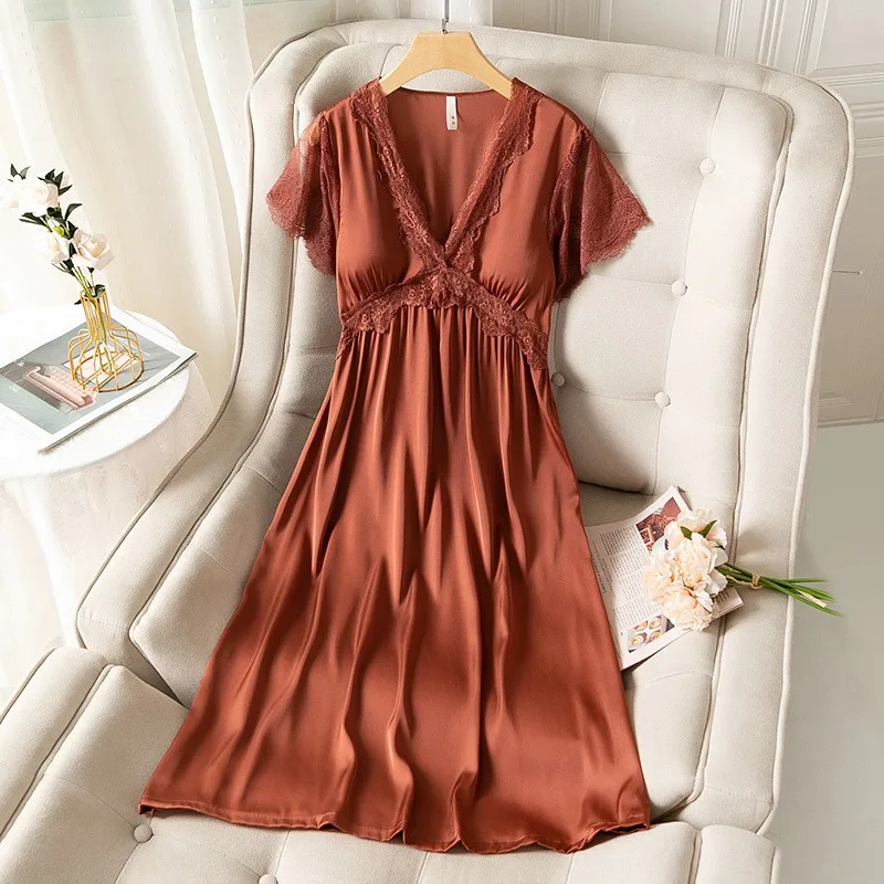 Lace V-neck Nightdress Women Satin Nightgown Sleep Dress Summer Sleepwear Short Sleeve Nightwear Home Dressing Gown Nighty Robe