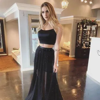 

Two Piece Prom Dresses 2020 Spaghetti Strap Satin Top A-line Tulle Skirt Lace Up Back Floor Length Party Dress Vestido De Festa