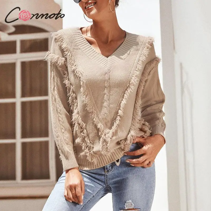 

Conmoto Winter Solid Color Tassel Sweater Jumpers Women V Neck Long Sleeve Knitted Pullovers Ladies Red Warm Knitwears