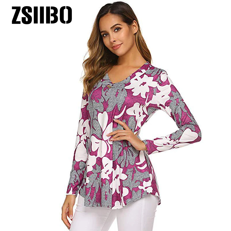 Женская блузка большого размера с цветочным принтом, Длинные рубашки, элегантная Осенняя туника с длинным рукавом на пуговицах, топы размера плюс, женская одежда