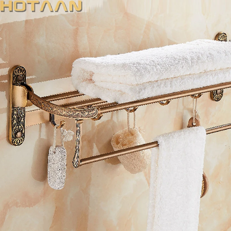 Toallero de baño de latón antiguo plegable de aluminio soporte activo para toallas baño repisa doble para toalla con accesorios de baño| -