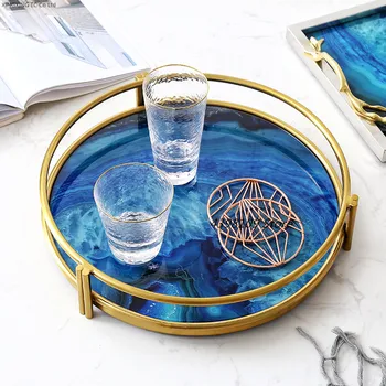 

American Stainless Steel Glass Tray Blue Agate Stone Tea Set Tea Tray Home Living Room Coffee Table Coffee Set Storage Tray