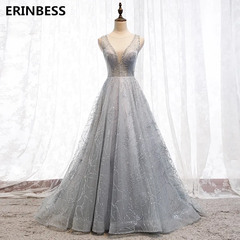 2020 vestido de festa серые длинные платья для выпускного вечера с вырезом горловины
