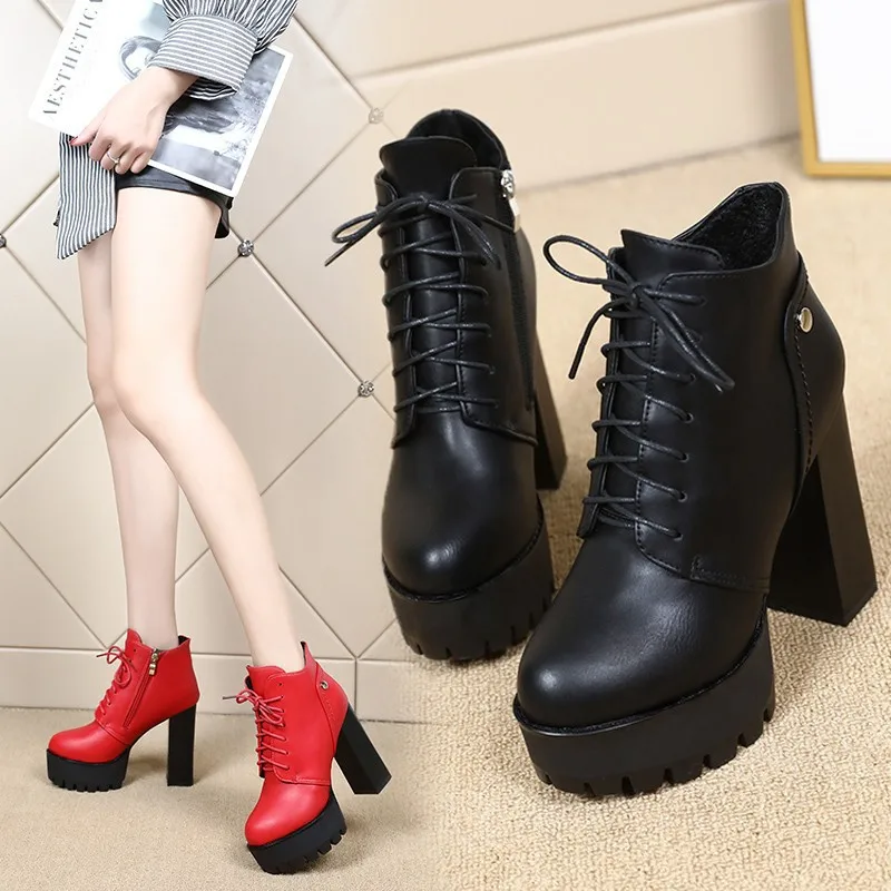 

Europe And America Short Boots Women's Thick with High Heels Waterproof Platform Large Size Martin Boots Bandage Cloth round-Toe