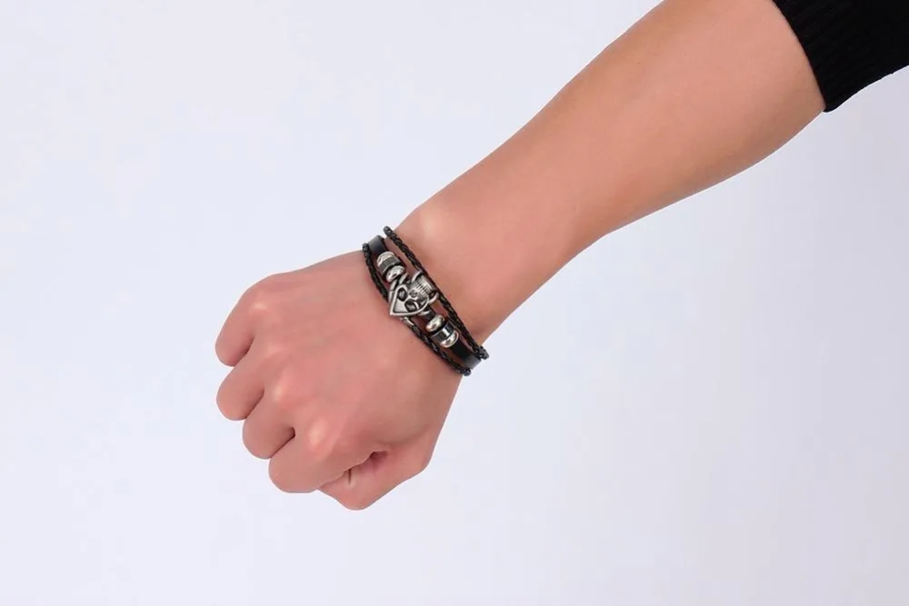 Mens Bracelets Braided Faux Leather & Skull Beaded Bracelet In Black Alloy Wristband Cuff Bangle Men Vintage Jewelry Accessories Pulseira Masculina 11
