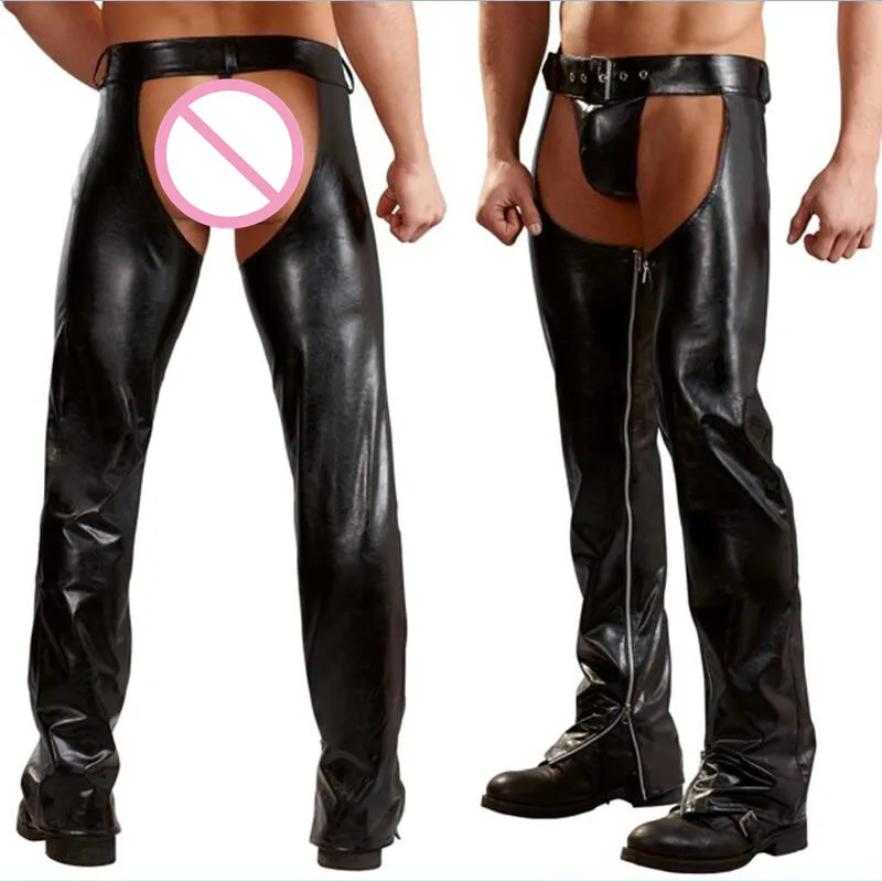 Exotic Gothic Gay fetish Men Sexy Open Crotch Pole Dance Pants Black Erotic Wetlook Patent Leather Leggings Chaps Add homme XXL (1)