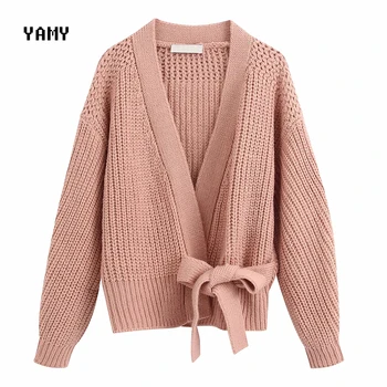 

New Color Womens Cropped Knit Sweater with Belt long sleeve stylish Female Cardigan Outerwear zoravicky Knit Top Green Pink