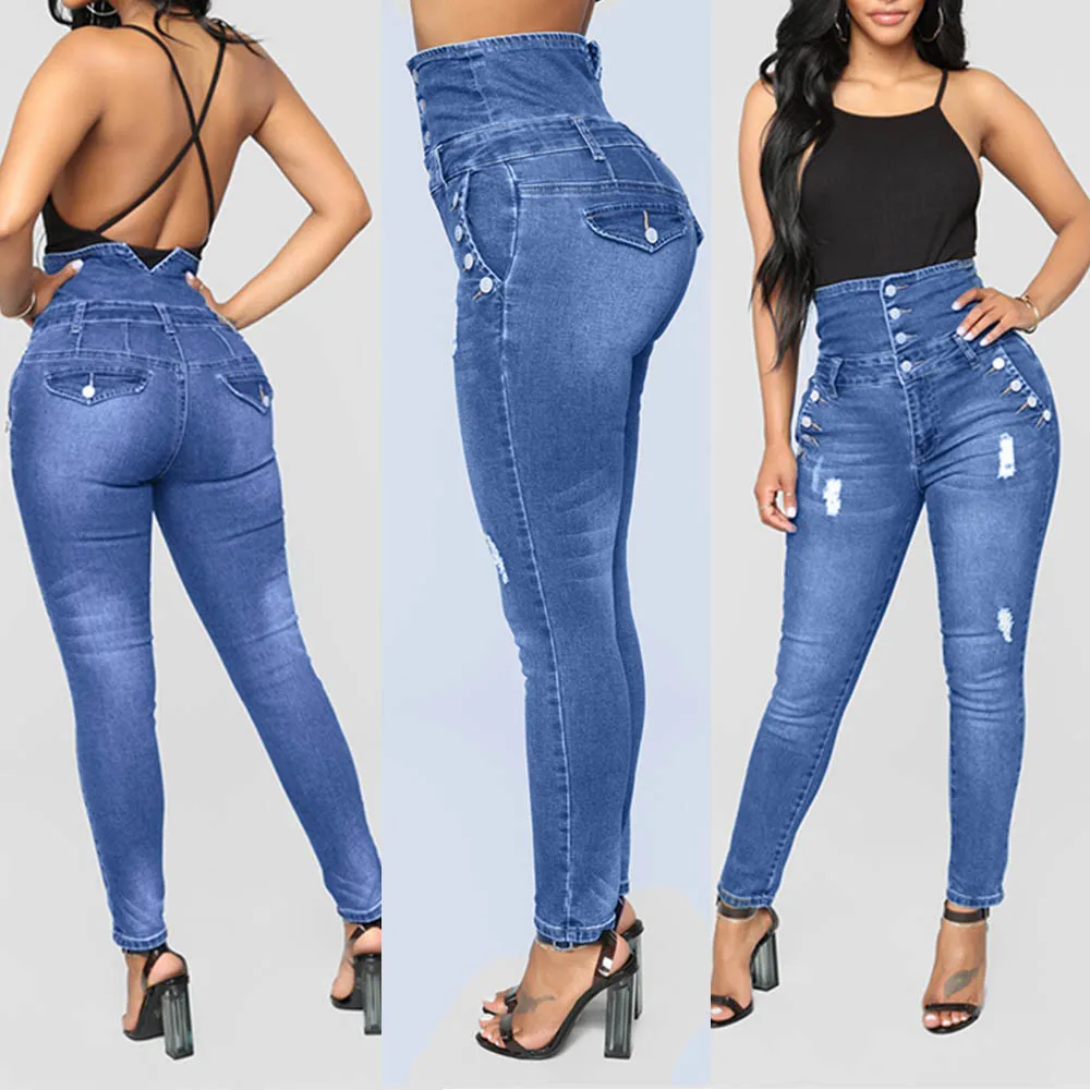 Mejor vendedor  Vaqueros de cintura alta de las mujeres rectas-Breasted Casual elástico Jeans de mujer con agujero Casual Color sólido elástico de gran tamaño vaqueros Mujer 9YaLQkE1NX5